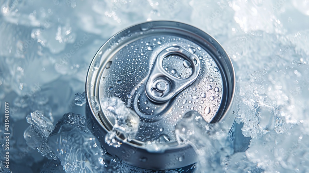 Top of a drink tin can submerged in frosty ice, aluminum beverage container Top of a drink tin can submerged in frosty ice, aluminum beverage container