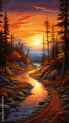 A stunning sunset view of a winding road surrounded by tall trees and vibrant orange hues  reflecting in a nearby lake.
