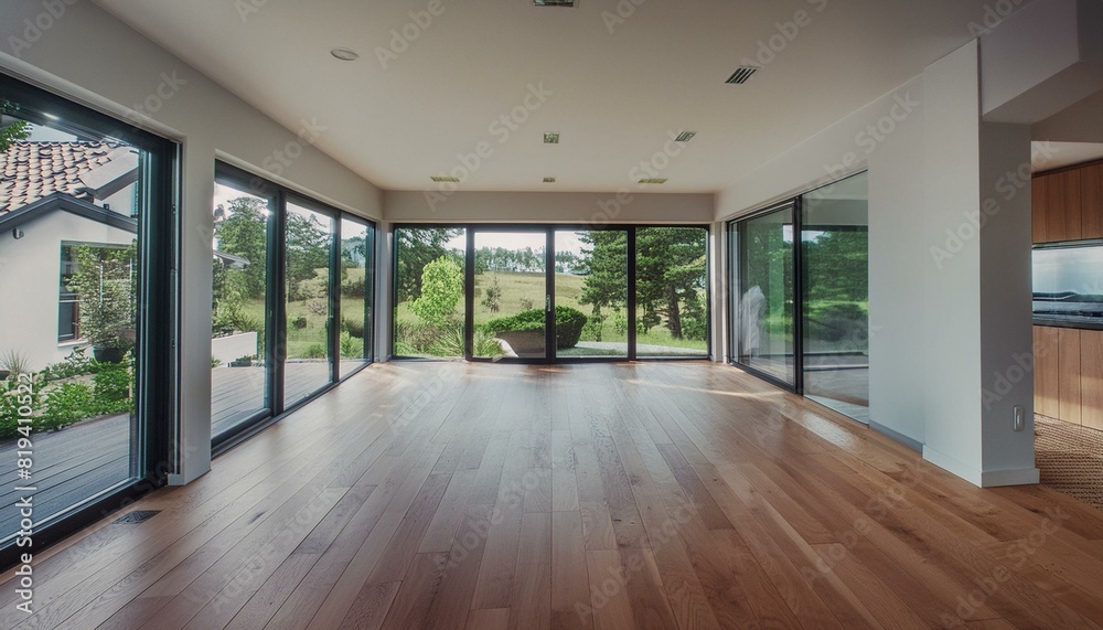 modern home interior with oak floor and windows, view from exterior modern home interior with oak floor and windows, view from exterior