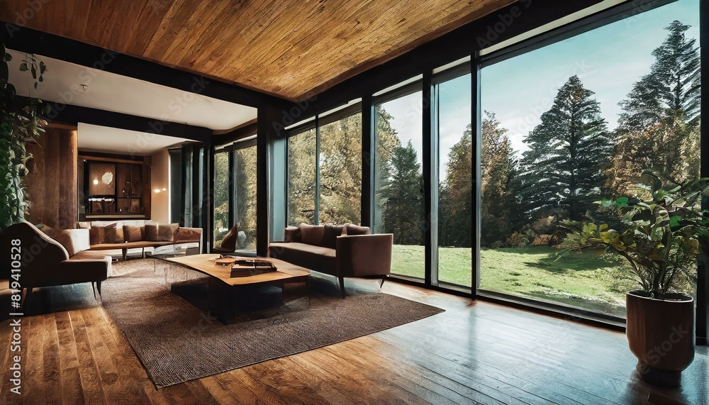modern home interior with oak floor and windows, view from exterior modern home interior with oak floor and windows, view from exterior