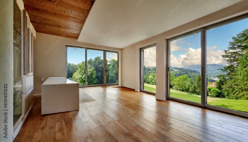 modern home interior with oak floor and windows, view from exterior modern home interior with oak floor and windows, view from exterior