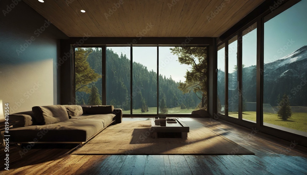 modern home interior with oak floor and windows, view from exterior modern home interior with oak floor and windows, view from exterior