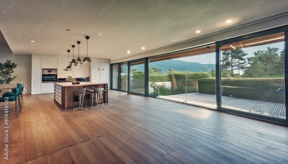 modern home interior with oak floor and windows, view from exterior modern home interior with oak floor and windows, view from exterior