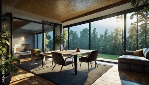 modern home interior with oak floor and windows  view from exterior