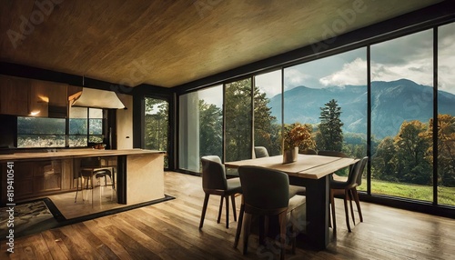 modern home interior with oak floor and windows  view from exterior
