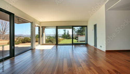 modern home interior with oak floor and windows, view from exterior