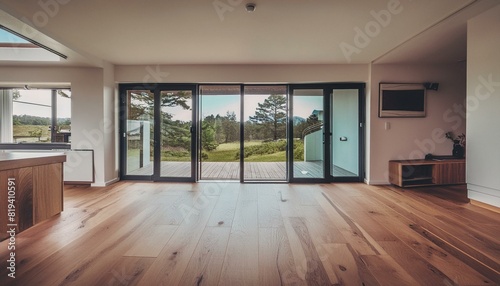 modern home interior with oak floor and windows  view from exterior