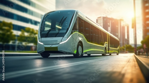 Electric bus with lightning in the city at night. 3D illustration. Sustainable energy. Electric vehicle. Green Energy Concept with Copy Space. 