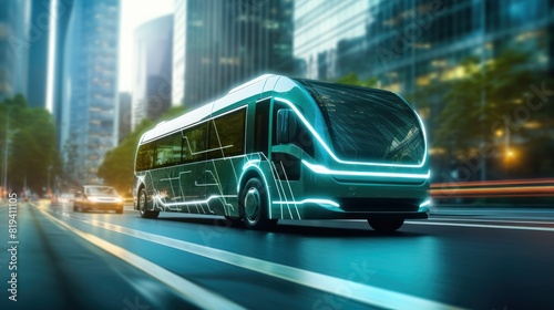Electric bus with lightning in the city at night. 3D illustration. Sustainable energy. Electric vehicle. Green Energy Concept with Copy Space.   © John Martin