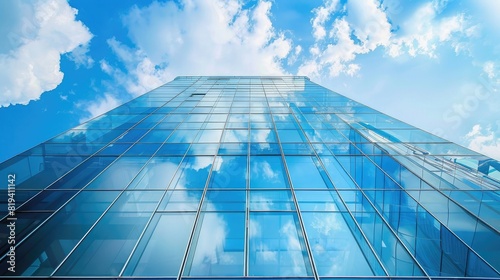 A glass building with blue sky and clouds in the background. A modern office or business center facade. Realistic photo of architecture exterior