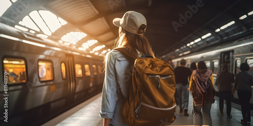 A girl with a backpack stands in front of a train with the words   train   on the top.