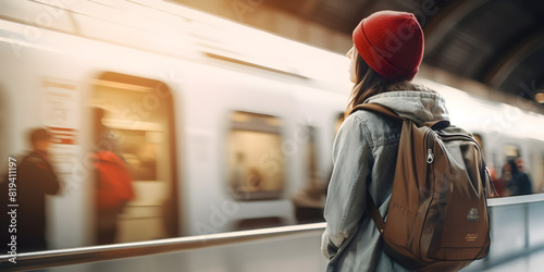 Young woman in yellow jacket and hat standing with backpack at train station