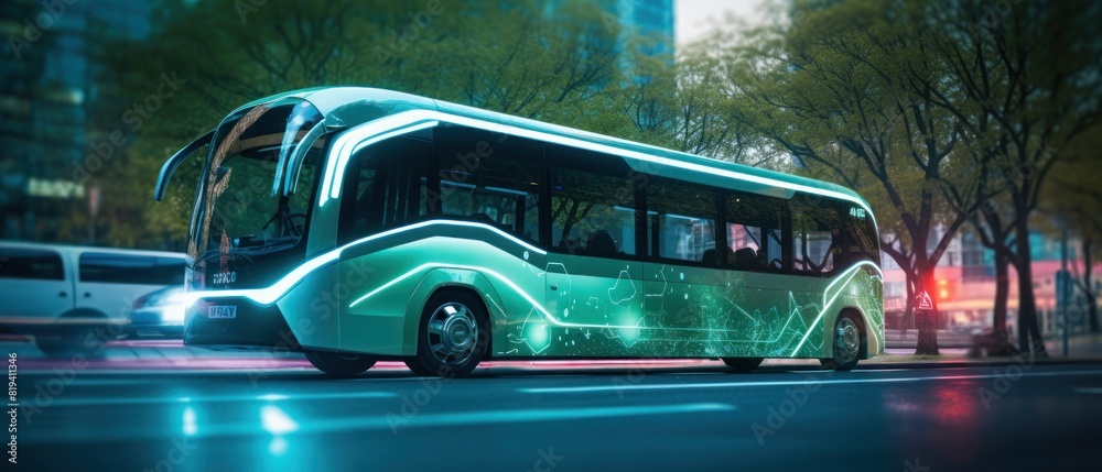 Electric bus with lightning in the city at night. 3D illustration. Sustainable energy. Electric vehicle. Green Energy Concept with Copy Space.	

