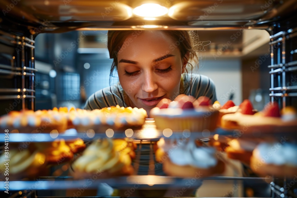 Woman checking on her cakes in the oven looking in. Concept of baking and cooking at home Woman checking on her cakes in the oven looking in. Concept of baking and cooking at home