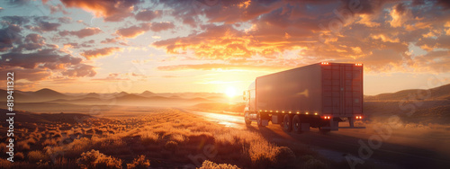 Cargo truck driving through landscape at sunset  photo