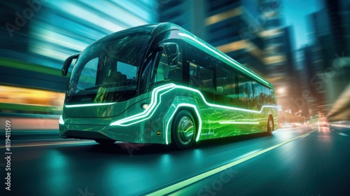 Electric bus with lightning in the city at night. 3D illustration. Sustainable energy. Electric vehicle. Green Energy Concept with Copy Space.  