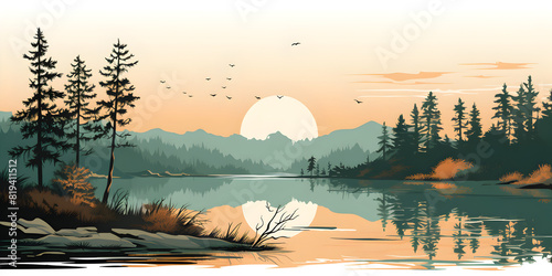 Sunrise over a forest art Beautiful illustration picture