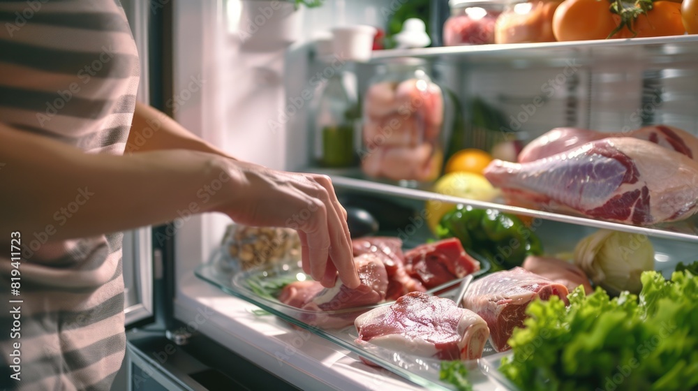 Obraz premium Woman putting raw meat in refrigerator, closeup, Refrigerator with fresh meat products