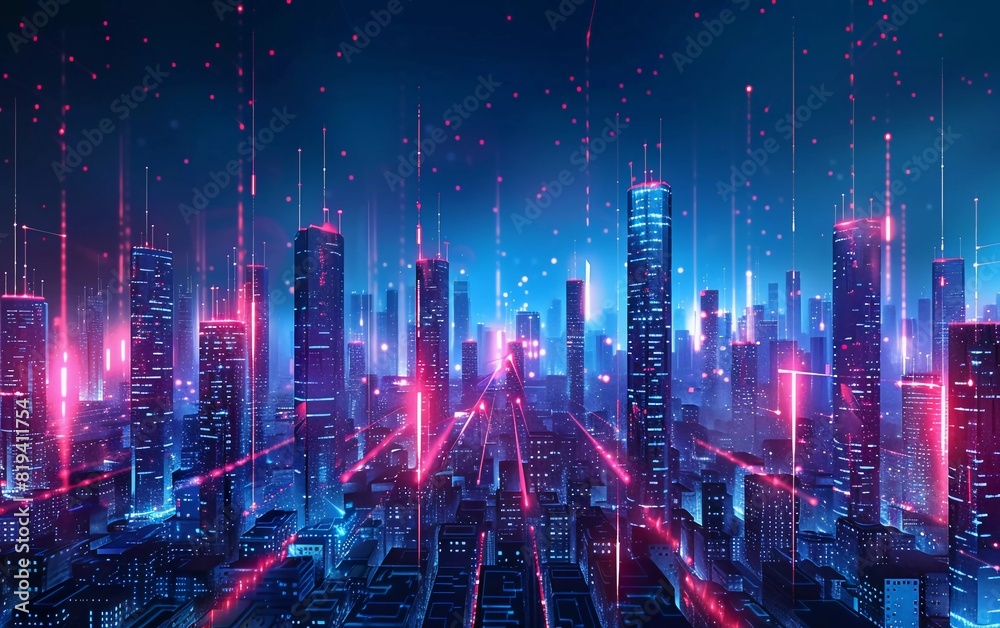 Panoramic urban architecture, cityscape with space effect and neon lights. Modern futuristic high tech, science and technology concept. Very forward looking abstract high digital