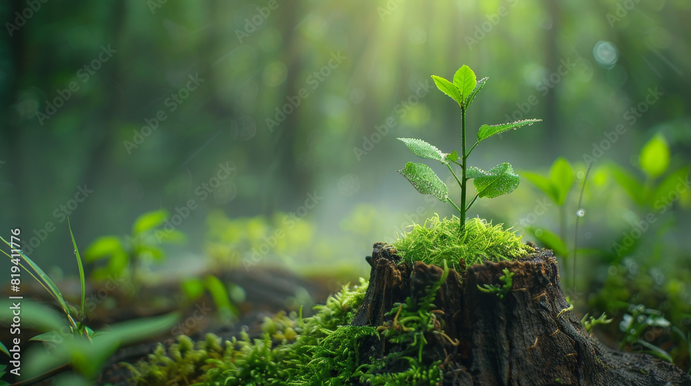 A young tree grows on top of an old stump in the forest, representing the concepts of nature conservation and environmental protection. A young tree grows on top of an old stump in the forest, representing the concepts of nature conservation and environmental protection.