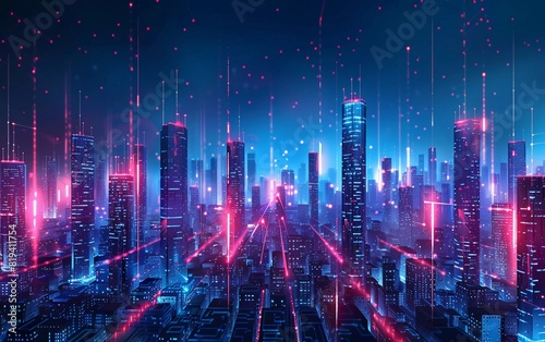 Panoramic urban architecture  cityscape with space effect and neon lights. Modern futuristic high tech  science and technology concept. Very forward looking abstract high digital