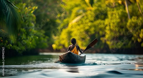 Experience the vitality of a young indigenous tribal boy with a paddle in a traditional canoe, set against the backdrop of a natural green jungle with mangrove trees in Melanesia, Papua New Guinea photo