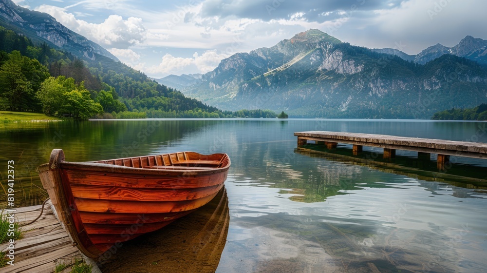 Wooden boat on a mooring mountain lake. Wooden boat parked next to a old wooden dock with mountains on background