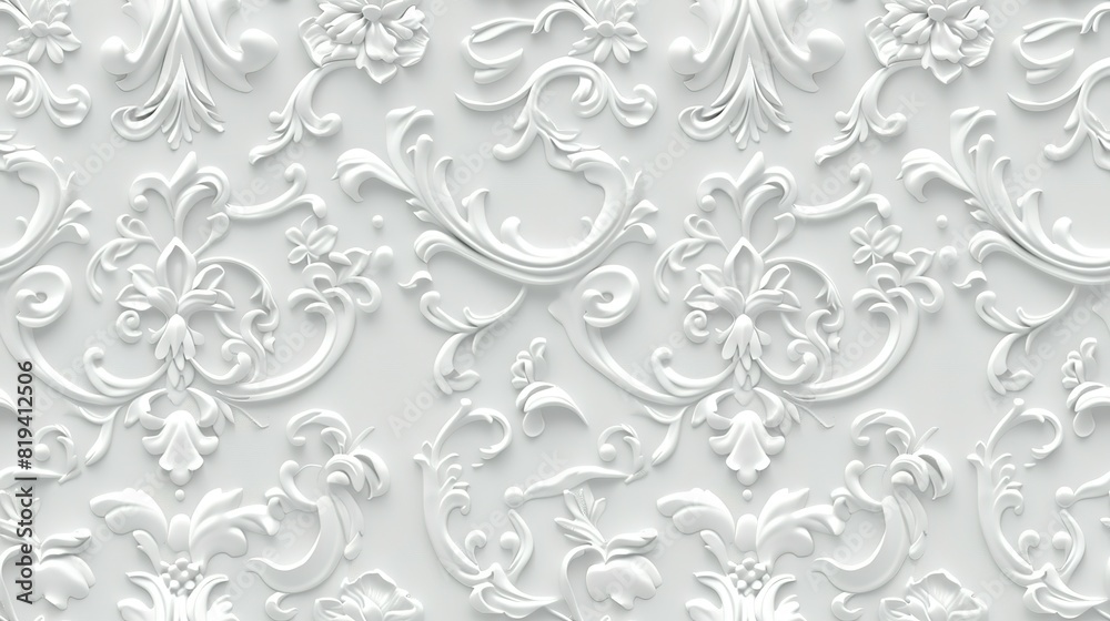 White damask wallpaper adorned with floral patterns background,