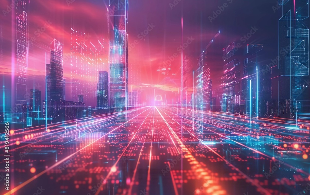 Panoramic urban architecture, cityscape with space effect and neon lights. Modern futuristic high tech, science and technology concept. Very forward looking abstract high digital Panoramic urban architecture, cityscape with space effect and neon lights. Modern futuristic high tech, science and technology concept. Very forward looking abstract high digital