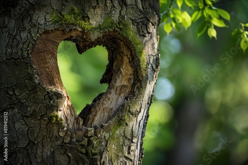 A heartshaped hole in the trunk of an old tree, symbolizing love and connection between nature and humanity. green background.