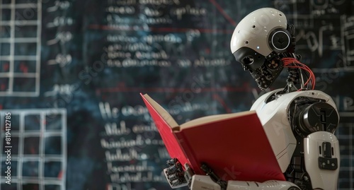 A humanoid robot holding an open red book with mathematical formulas in the background, concept of artificial intelligence and learning photo
