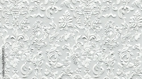 White damask wallpaper adorned with floral patterns background,