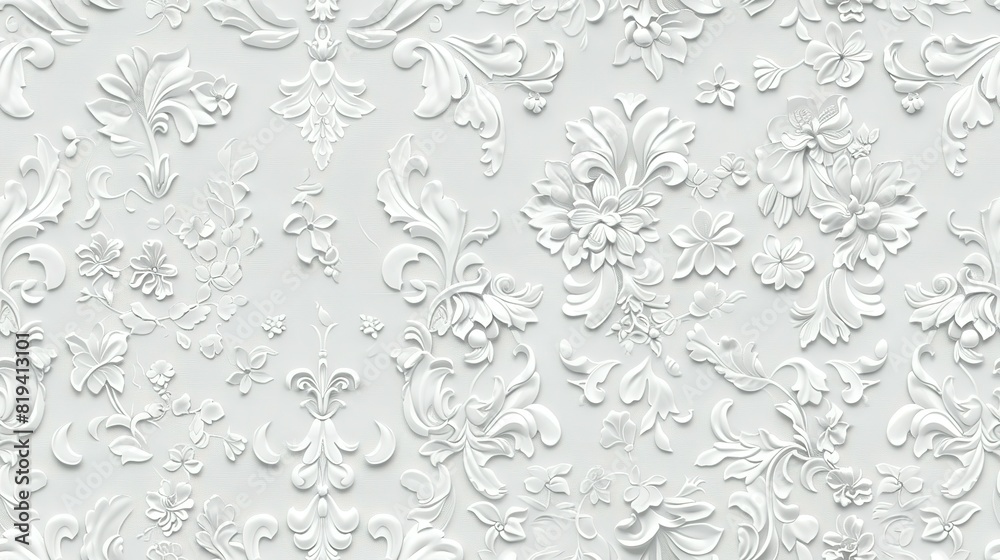 White damask wallpaper adorned with floral patterns background, White damask wallpaper adorned with floral patterns background,