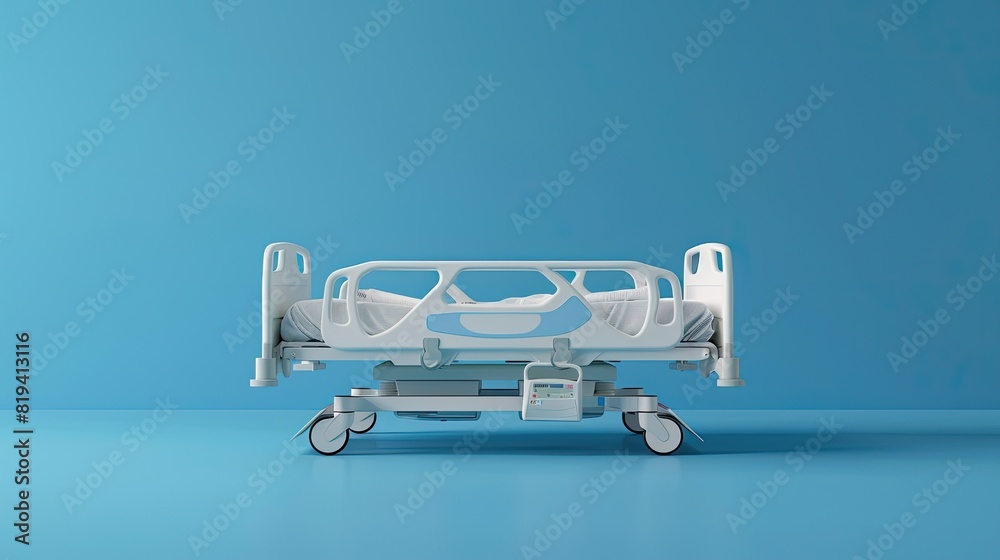 Front view of hospital bed isolated on blue background