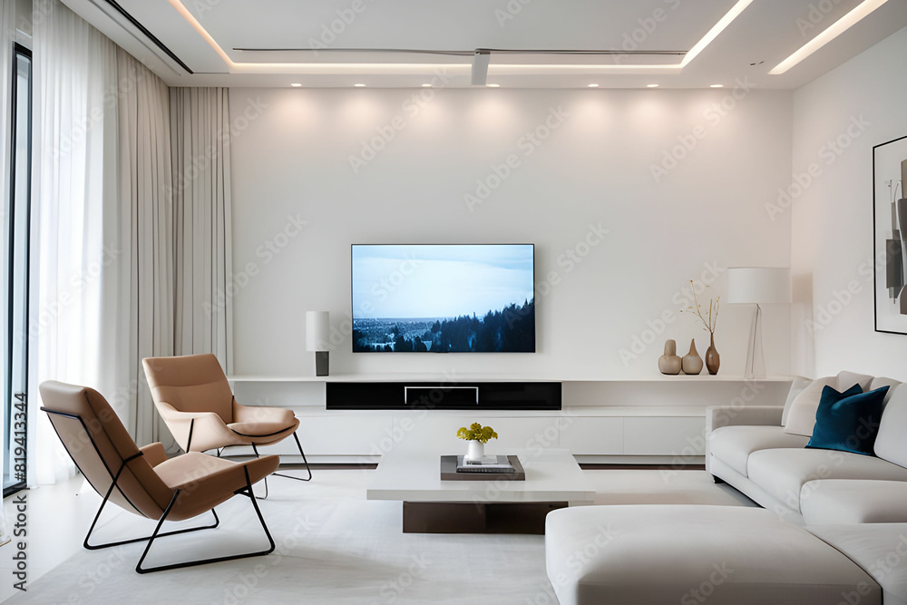 TV screen on the white wall in modern living room. 3d illustration TV screen on the white wall in modern living room. 3d illustration