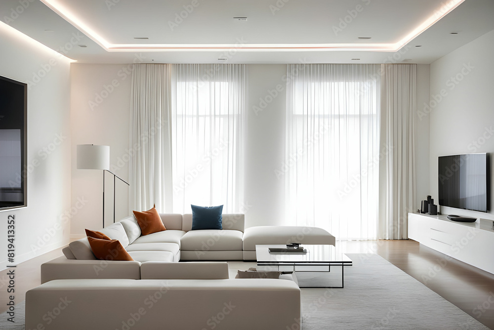 Fototapeta premium TV screen on the white wall in modern living room. 3d illustration