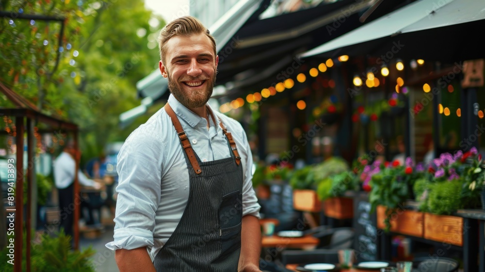 Young cheerful waiter on summer restaurant patio.