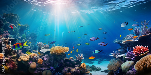 Fototapeta Naklejka Na Ścianę i Meble -  A vibrant underwater scene teeming with colorful tropical fish swimming among vibrant corals A vibrant underwater seascape teeming with colorful coral reef