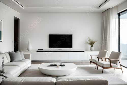 TV screen on the white wall in modern living room. 3d illustration