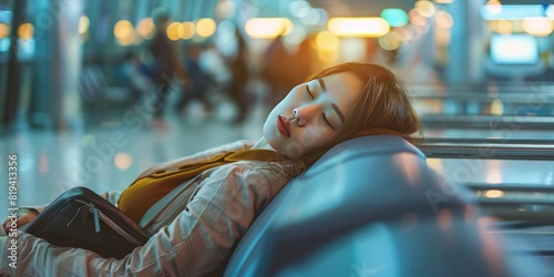 Young business woman traveler sleeping at airport waiting area tied cinematic with bag.