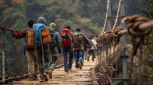 Group of People Walking Across a Wooden Bridge photo