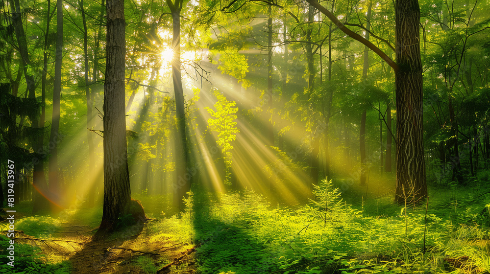 Fototapeta premium Sunlight Filtering Through Trees in Forest