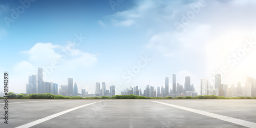 Arafficial city skyline with a highway and a highway in the foreground