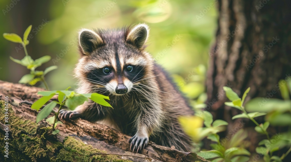 Young raccoon investigating nature - curious young animal.