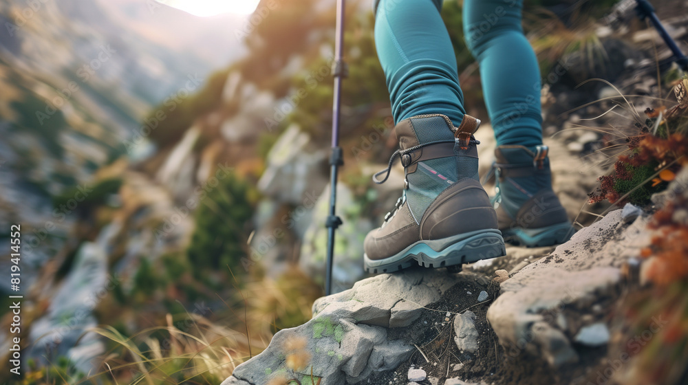 Hiker Standing on Rock With Hiking Poles Hiker Standing on Rock With Hiking Poles