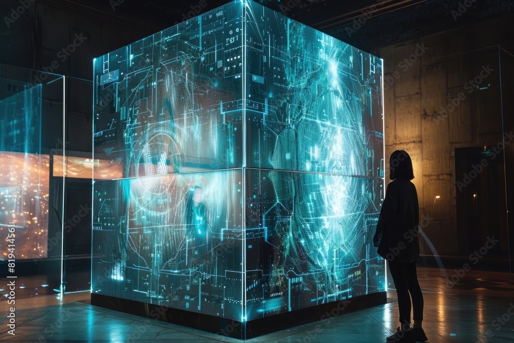 A large cube with holographic images of the inside and outside. A woman standing next to it looking at it in a futuristic style in a hyper realistic photo.