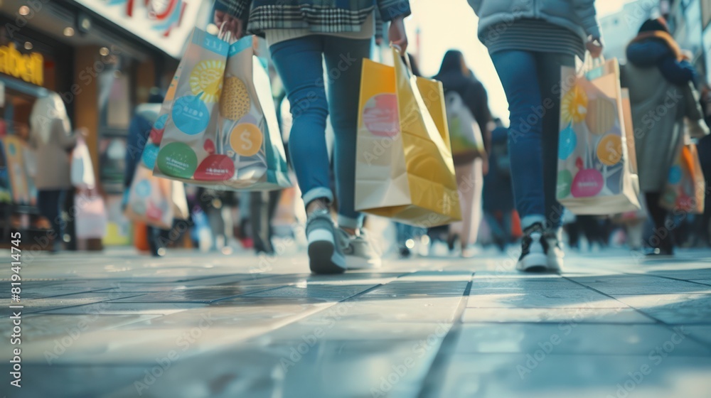 Close up view of female pedestrian's feet in city center carrying fashion shopping paper bag. Close up view of female pedestrian's feet in city center carrying fashion shopping paper bag.