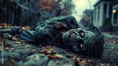 Zombie crawling on ground in creepy Halloween scene