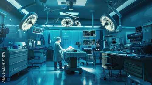 In advanced operating room with lots of equipment photo