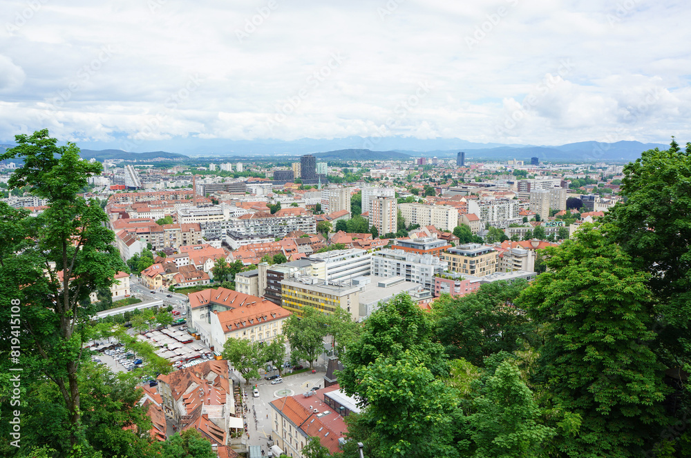 Obraz premium スロベニアの街の風景を高台から眺めた様子
